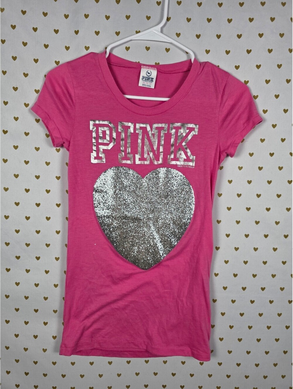 Victorias Secret PINK Vintage FULL GLITTER heart Y2k V Neck Tee shirt XS